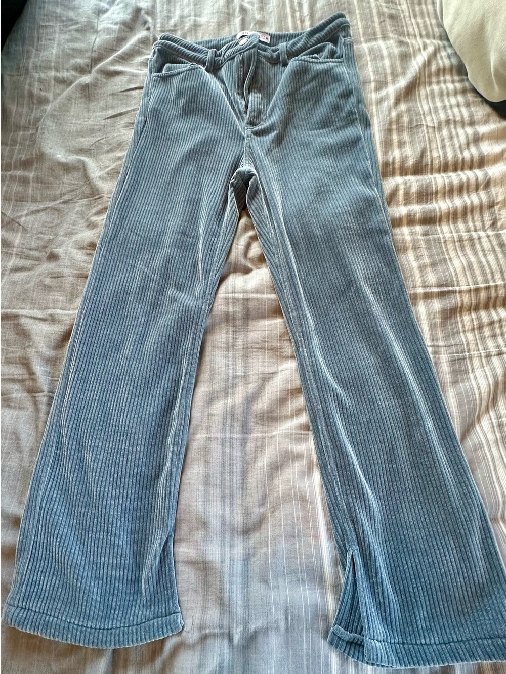 Zara Ribbed Velvet Flared Trouser Pants in Dusty Blue